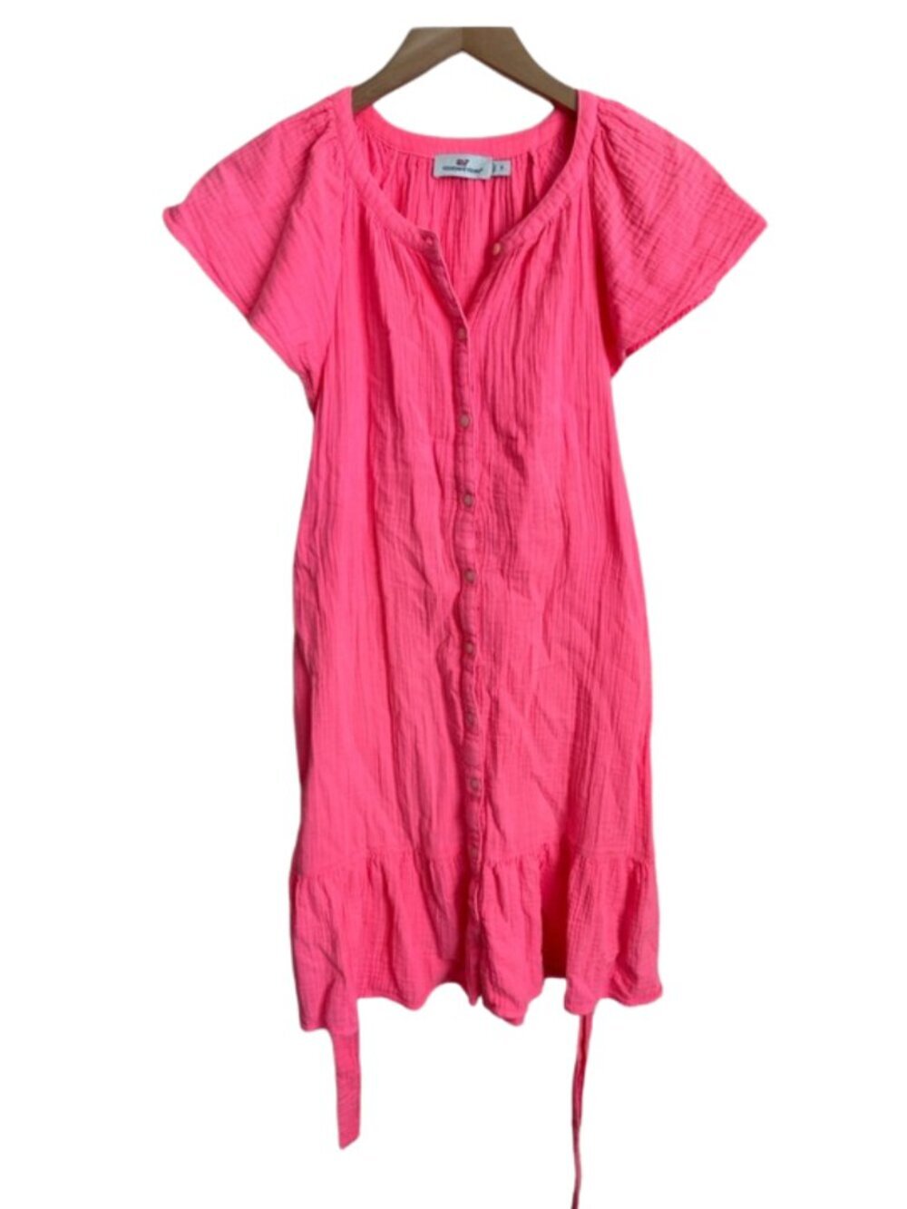 Vineyard Vines Cotton Gauze Button Front Dress S Pink Tiered Ruffle Coastal Boho
